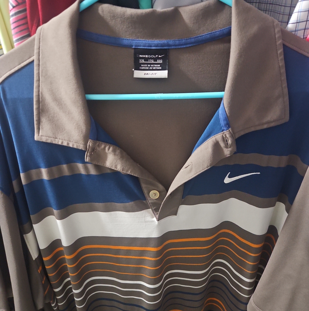 Nike Men's Blue, Brown & Orange Striped Golf Polo